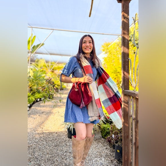 Mint/Red Check Stripe Reversible Scarf - Picture 2 of 12